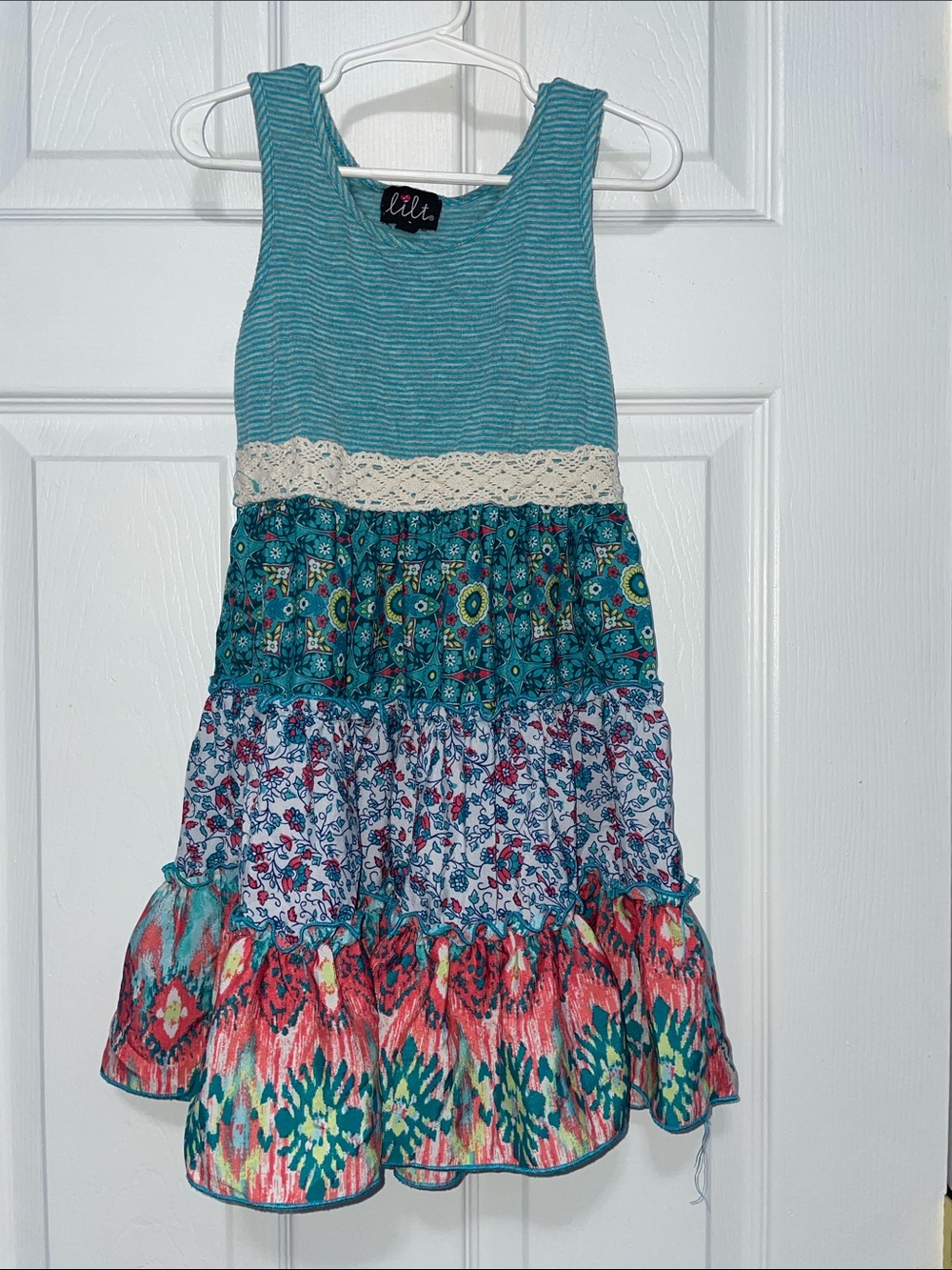 lilt Girls' Teal, White & Coral Tiered Sleeveless Dress
